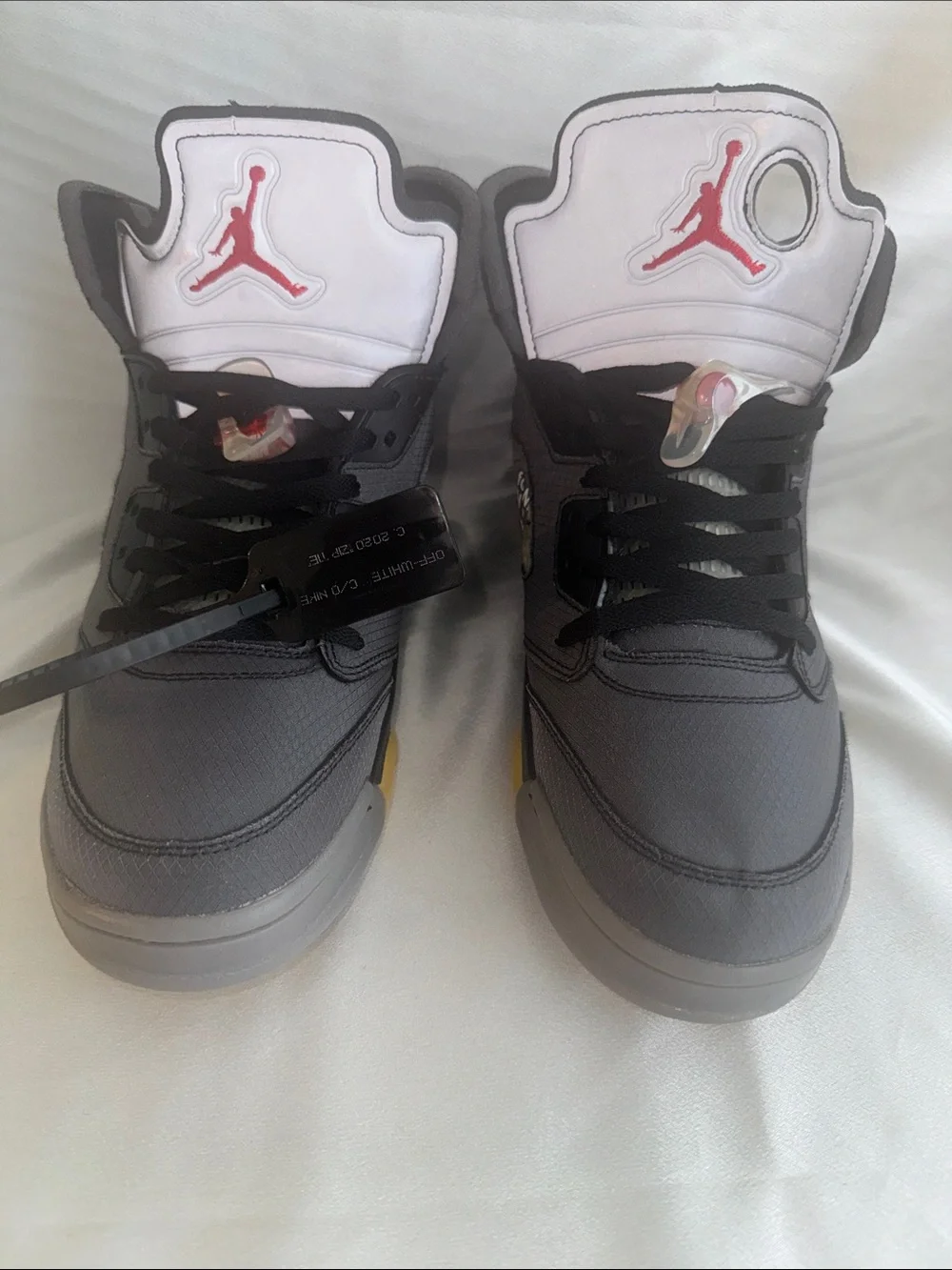 New! Off-White x Air Jordan 5 Retro SP 'Muslin' features a faded black textile